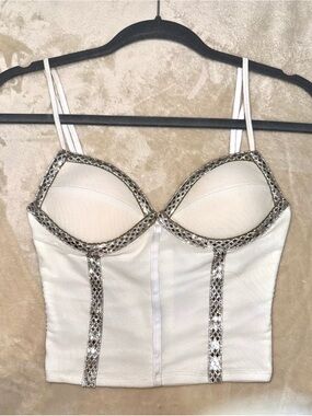 White Rhinestone Trim Bustier Crop Top
